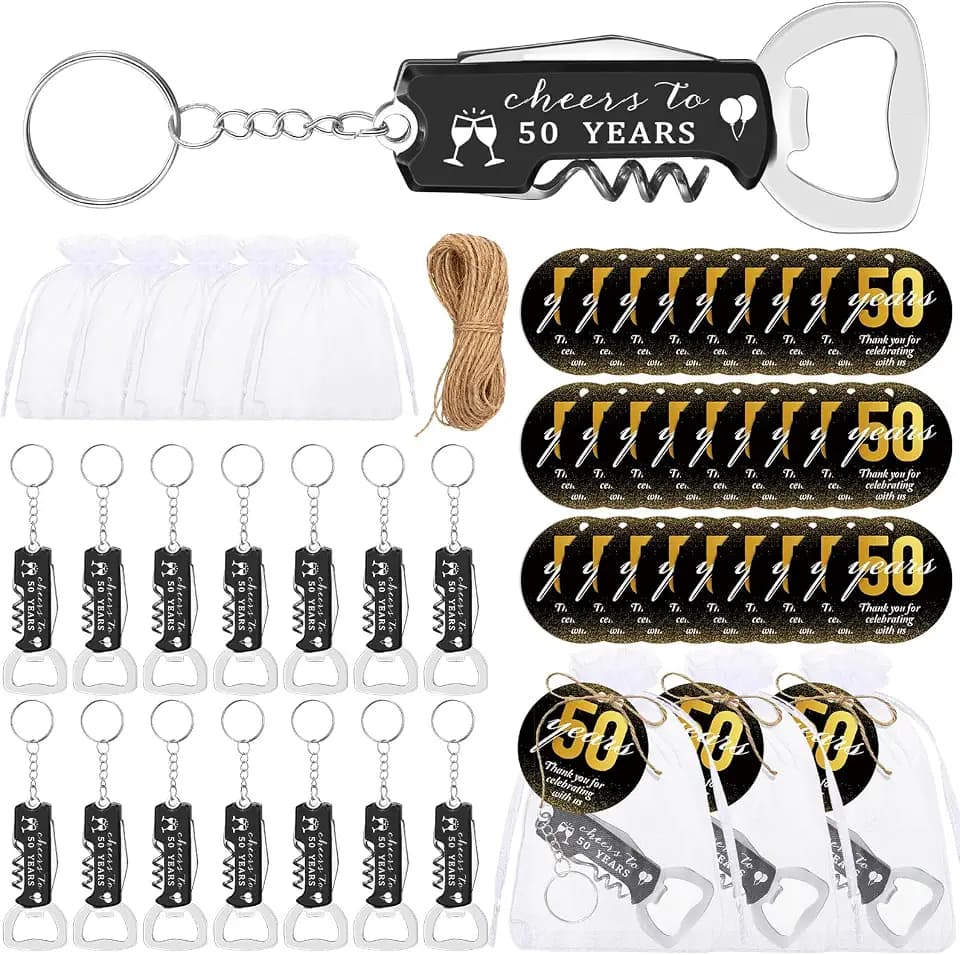 Jingmore 50 Sets 40th 50th 60th 70th 80th Birthday Party Favors for Guests Bottle Opener Keychains Bulk Thank You Cards with Organza Gift Bags for Birthday Party Favors Anniversary Souvenirs(50 Years)