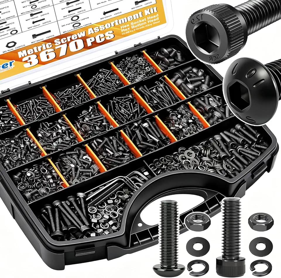 weideer 3670pcs M2 M3 M4 M5 Metric Screw Assortment Kit,Metric Bolt Assortment,12.9 Alloy Steel Hex Socket Head 10.9 Alloy Steel Hex Button Head Machine Screws Nuts Washers with Wrench