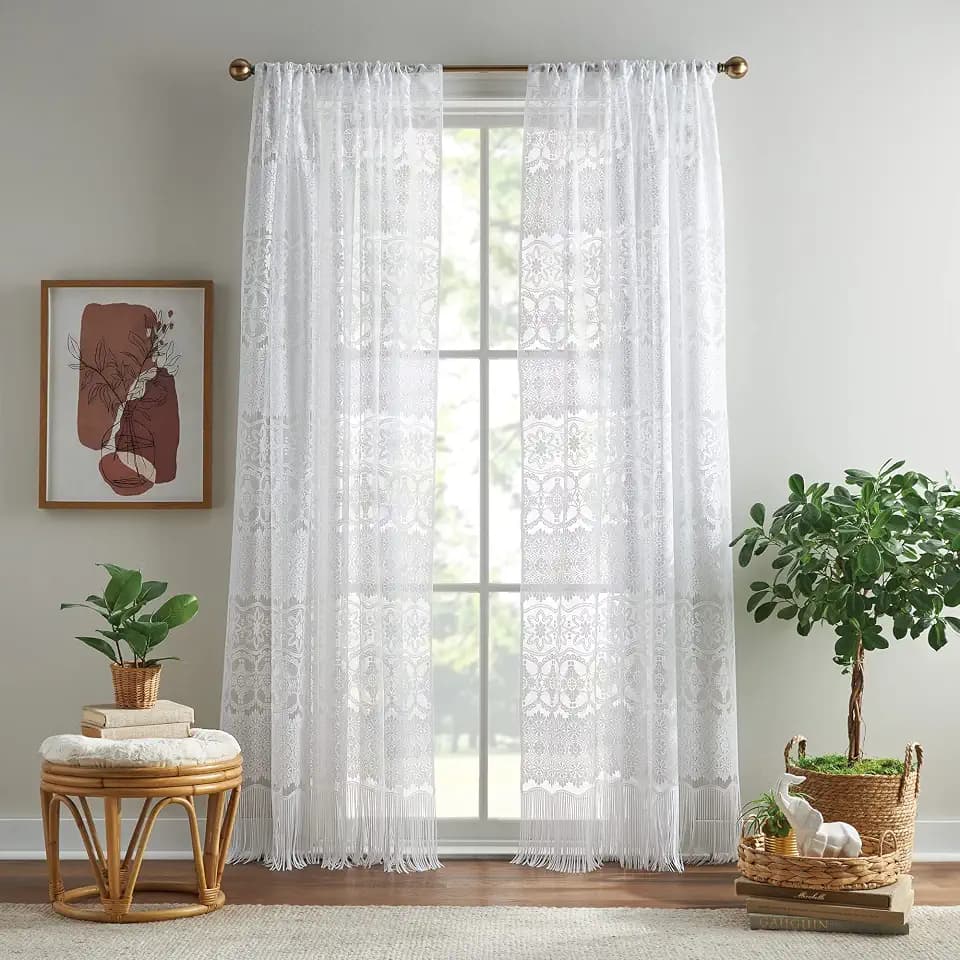 Boho Curtains Sheer Curtains Lace Vintage Tassel Fringe Window Curtain Panel for Bedroom, Living Room, Dorm Room, Rod Pocket, 1 Panel, 60” W x 84”L, White