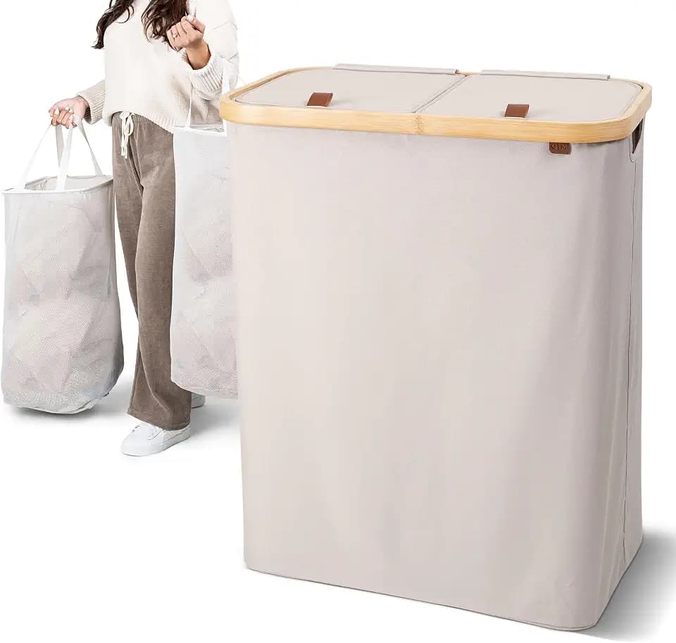CleverMade Double Laundry Hamper With Lid, 145L Bamboo Frame, LUXE Cream