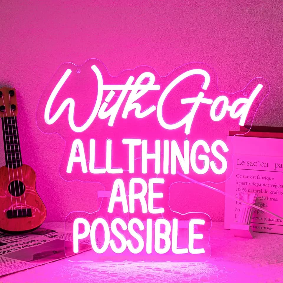 "With God All Things Are Possible" Neon Sign God Neon Light for Wall Decor Letter LED Neon Sign Pink LED Neon Light Dimmable Neon Signs for prayer corner Bedroom Wedding Decoration