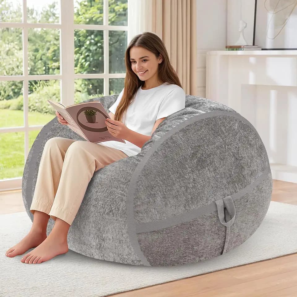 HABUTWAY 3FT Bean Bag Chair, Large BeanBag Chairs with Memory Foam Filled, Ultra-Soft Velvet with Portable Handle & Removable Cover, Comfy Bean Bag Sofa for Living Room, No Assembly - Light Grey