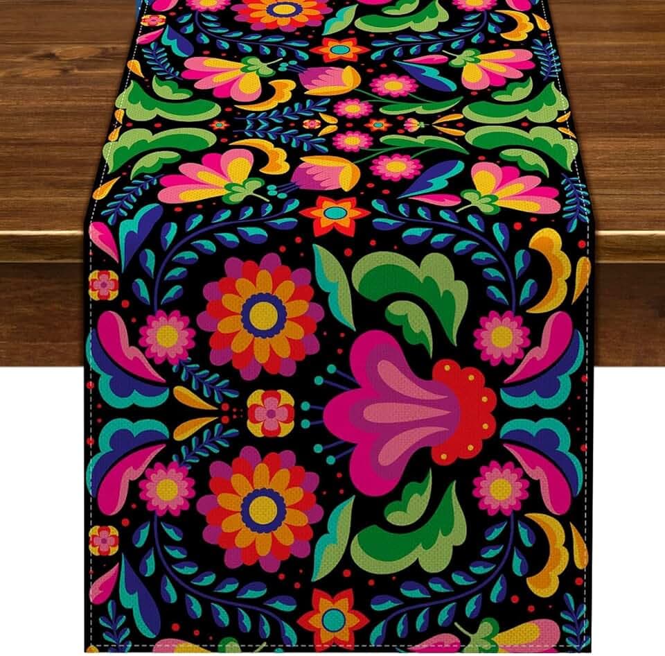 Nepnuser Mexican Table Runner for Dia De Los Muertos Cinco De Mayo Fiesta Rustic Linen Home Dining Room Kitchen Table Decorations (13" x 120", Black)