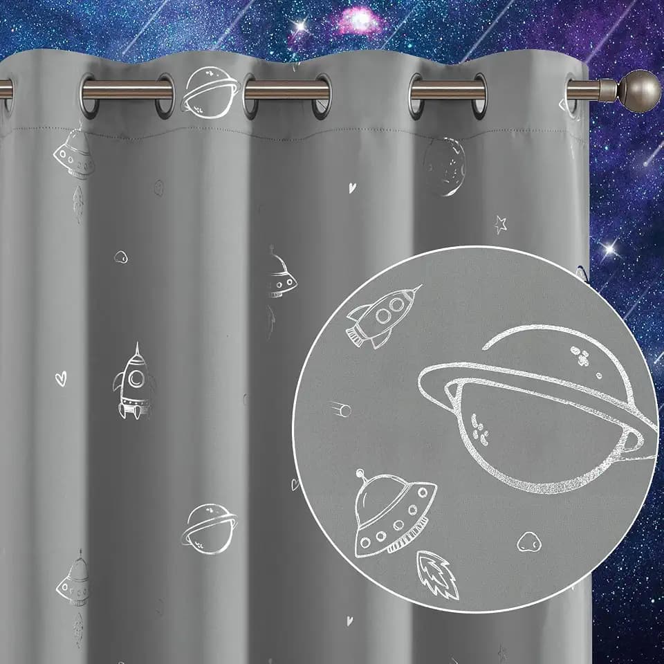 Vangao Grey Blackout Kids Curtains for Boys Space Theme 84 Inches 2 Panels