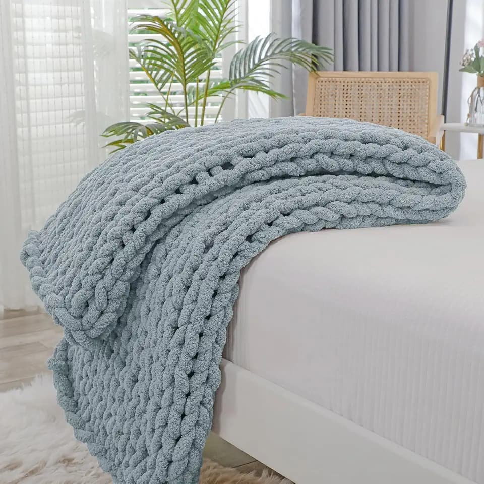 Bigacogo Chunky Knit Throw Blanket for Couch, 40x40 inches, Dusty Blue