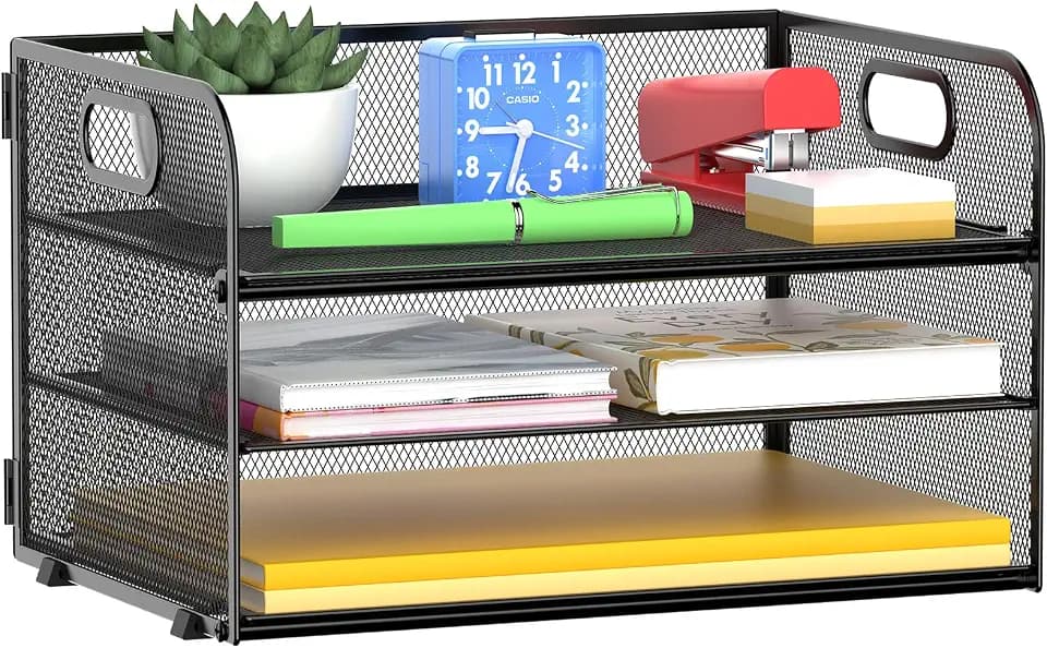 MINDEPOT 3 Tier Paper Organizer Tray with Handle, Mesh Letter Tray