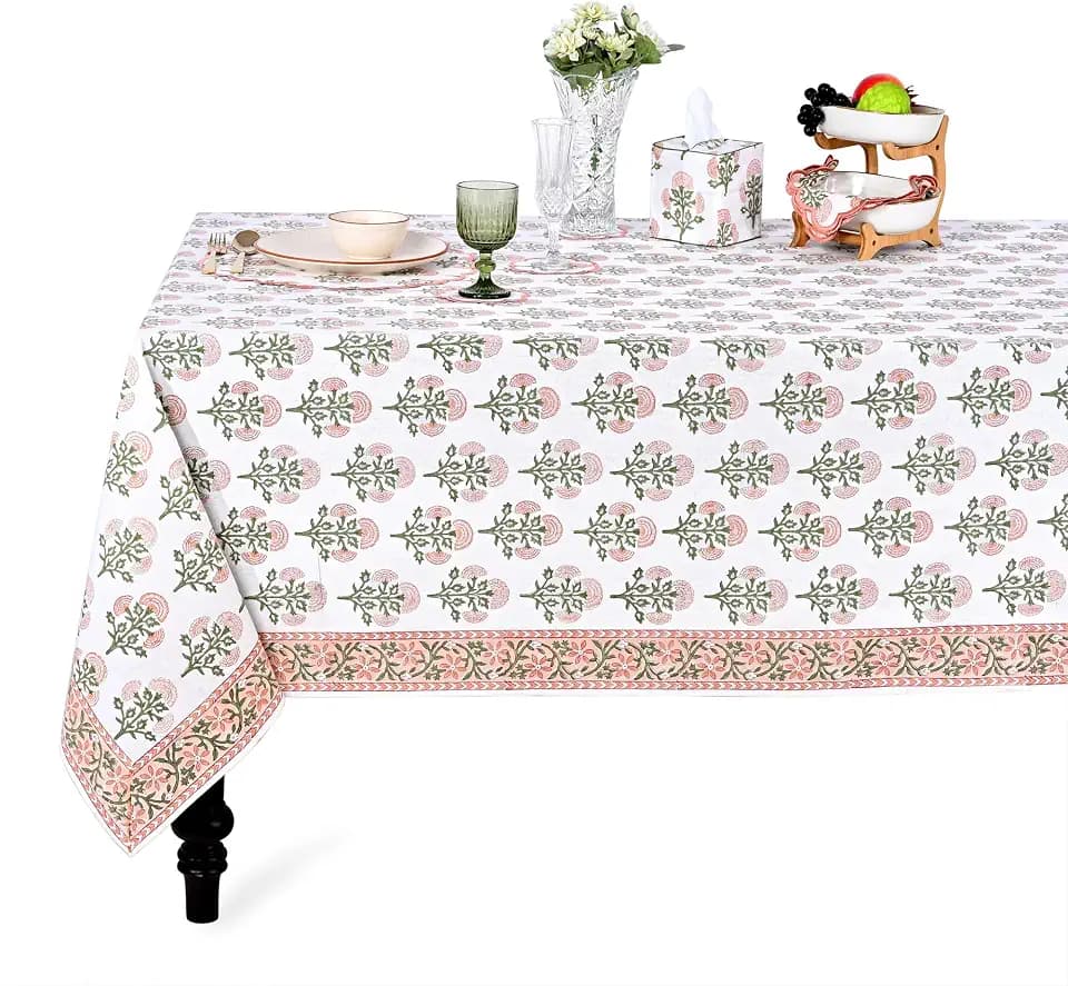 Ridhi Mughal Buta Peach Hand Block Print Square Tablecloth 60x60 Inch