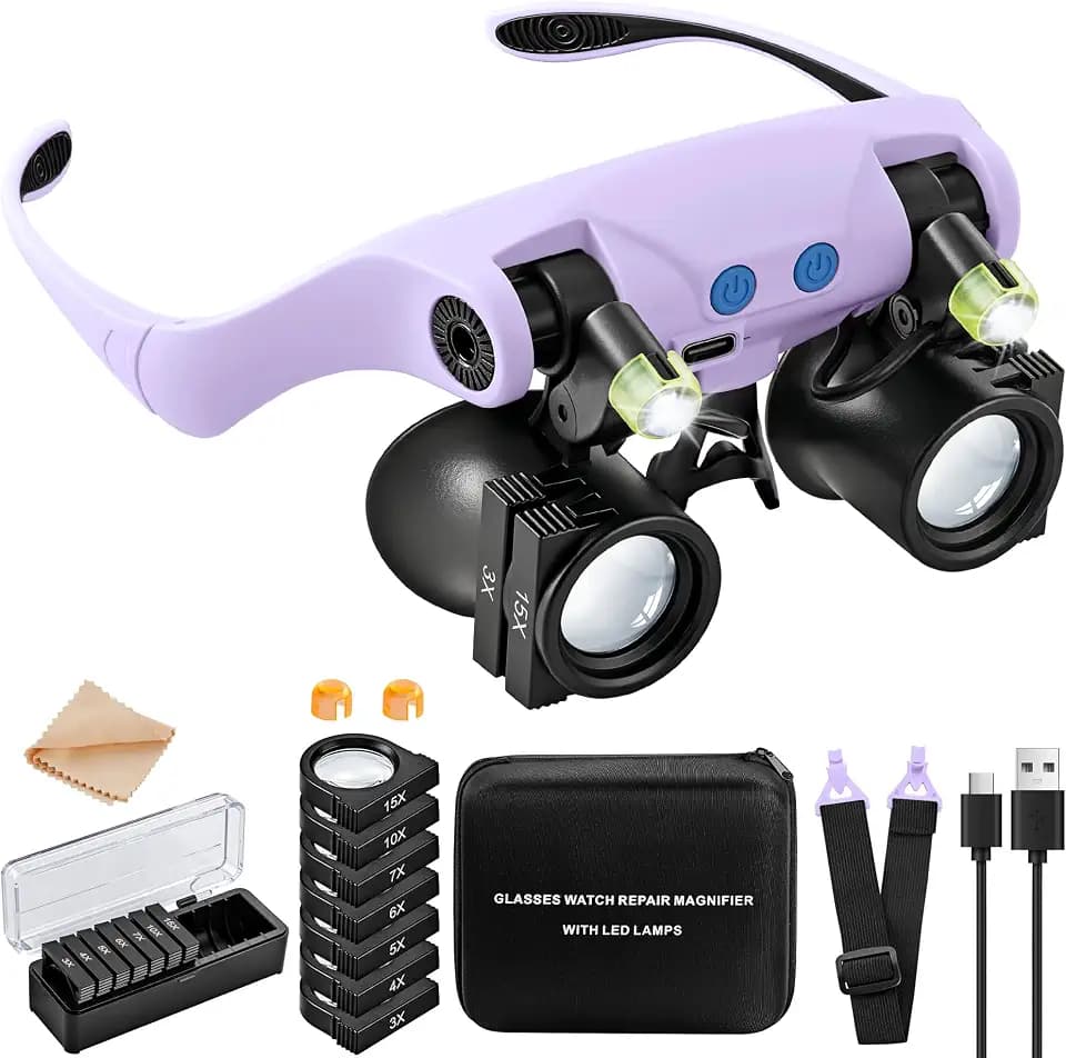 JARLINK Magnifying Glasses with LED Light, 14 Lenses, Hands Free, Purple