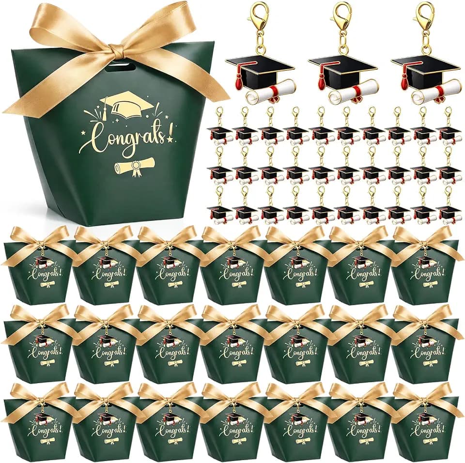Eaasty 100 Pcs Graduation Cap Boxes and Keychains Party Favors, Dark Green