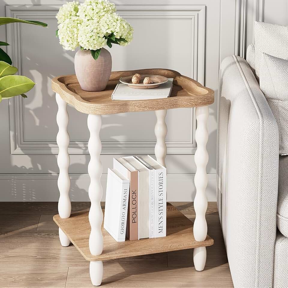 karlott Round Side Table, Square Farmhouse End Table Living Room, Beige