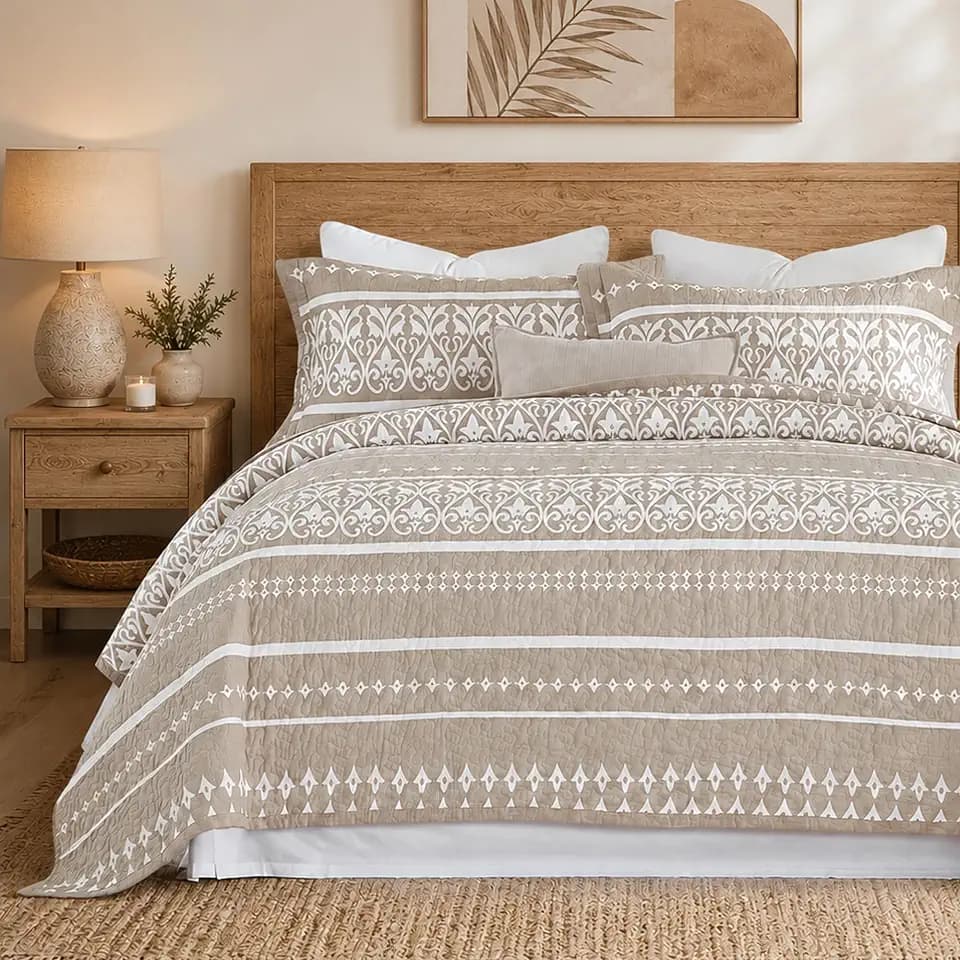 100% Cotton Boho Striped Queen Quilt Set, Taupe and White 3 Piece