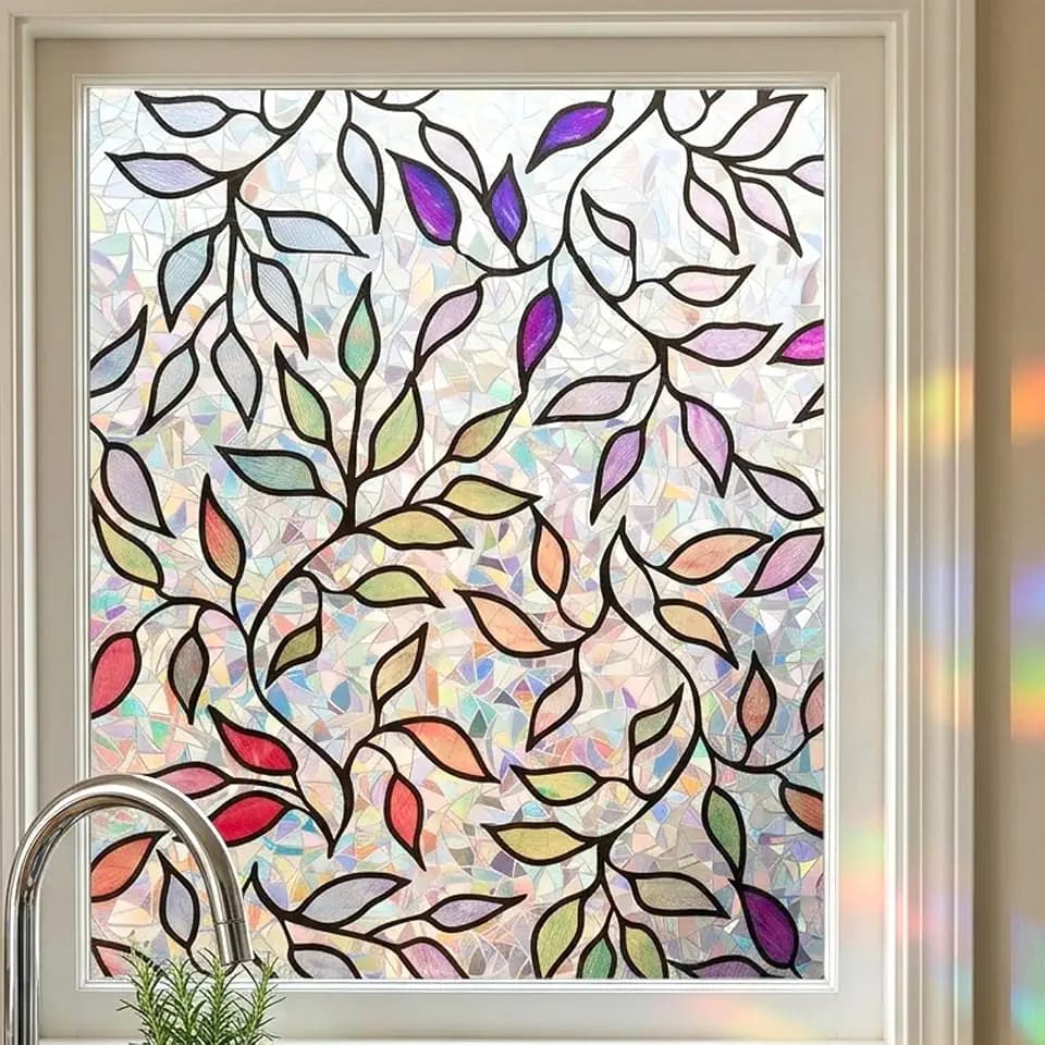 Colored Leaf 3D Prism Rainbow Etched Window Film Privacy Tint 23.6x78.7in