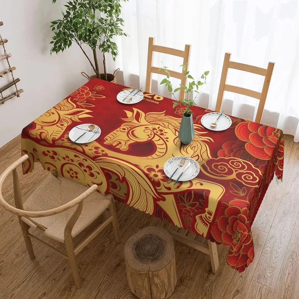 Year of The Horse 2026 Happy Chinese New Year Rectangle Tablecloth Washable Table Cloth Decorative Table Cover for Party 54x72in