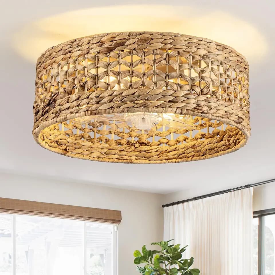 Boho Woven Rattan Fandelier Ceiling Fans with Lights and Remote Control