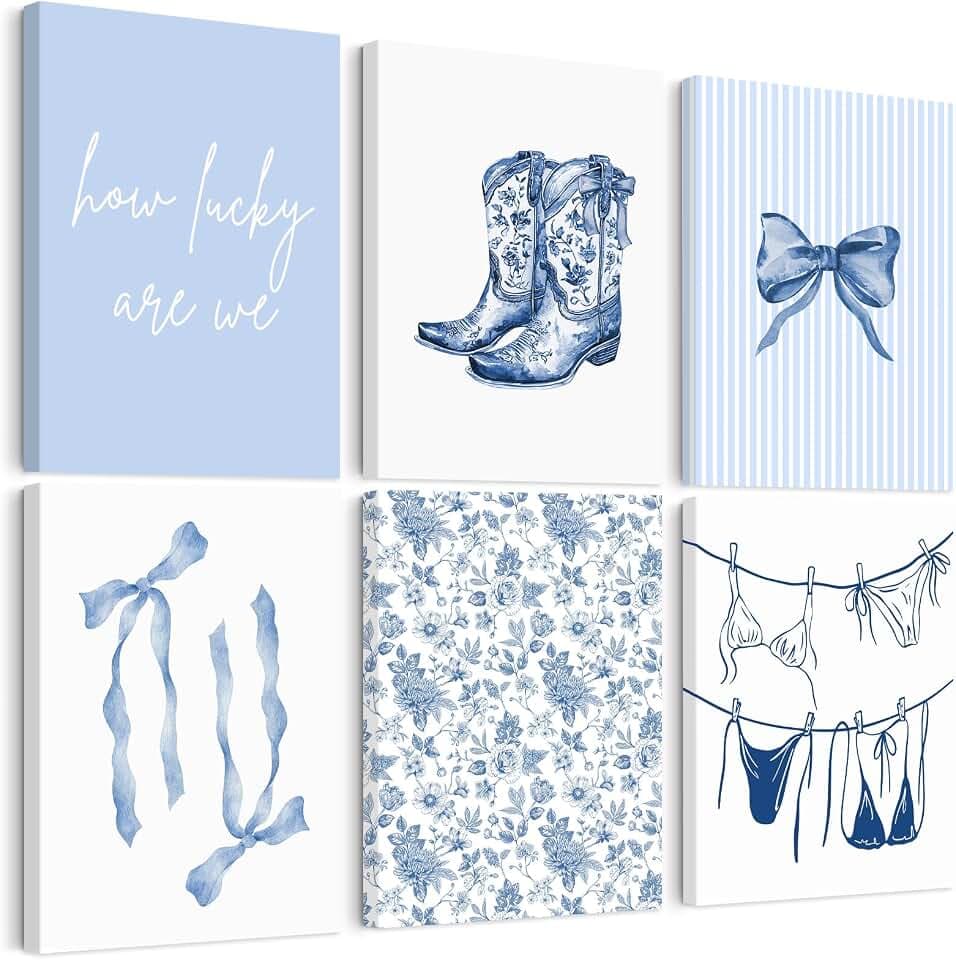 Blue Coastal Wall Art Cowgirl Western Canvas Poster Girls Room Dorm Wall Decor Preppy Aesthetic Pictures Beach Coastal Granddaughter Prints Tendy Boots Bow Painting for Bedroom 8x10 Inch Ready to Hang