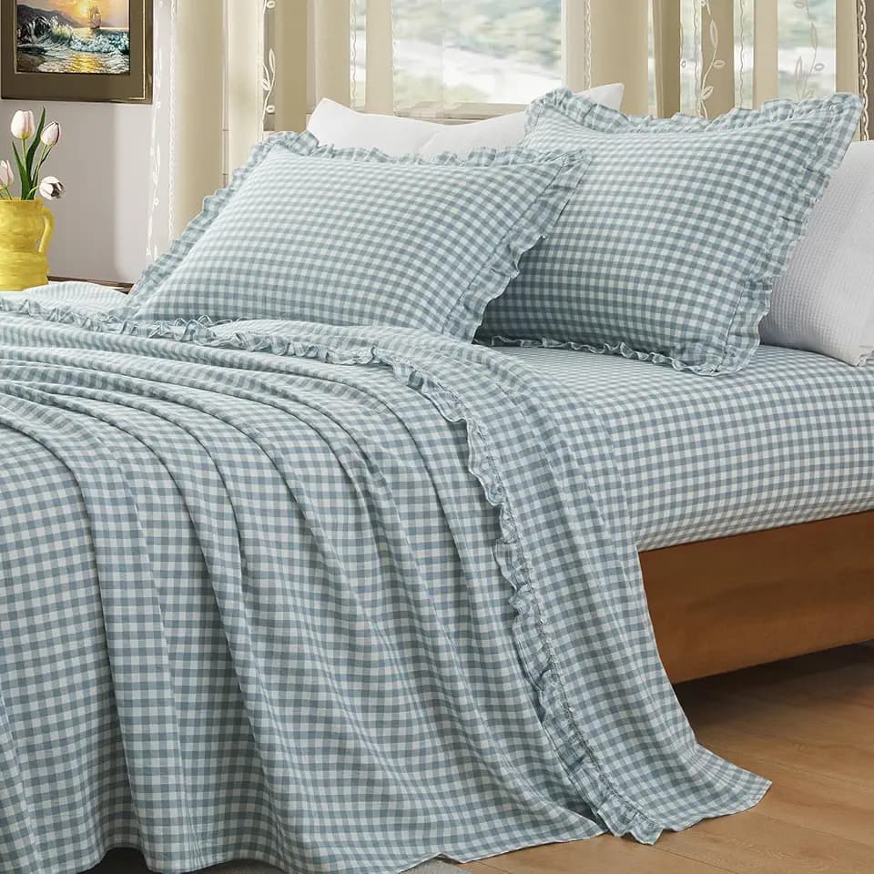 KKJIAF 4 Pieces Ruffle Gingham Sheets Set Queen Size, Dusty Blue Plaid