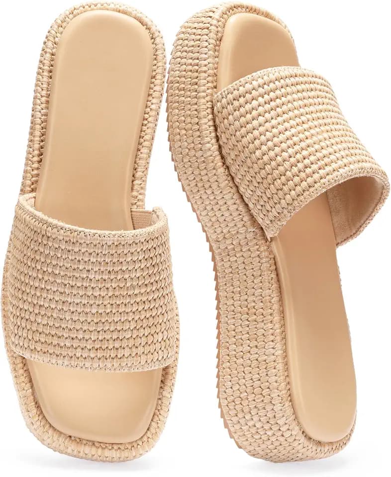 Monrovia Platform Sandals Women Raffia Espadrille Slides, Woven Straw Flatform Beach Sandals Women, Slip On Summer Vacation Shoes, Comfortable Casual Daily Wear