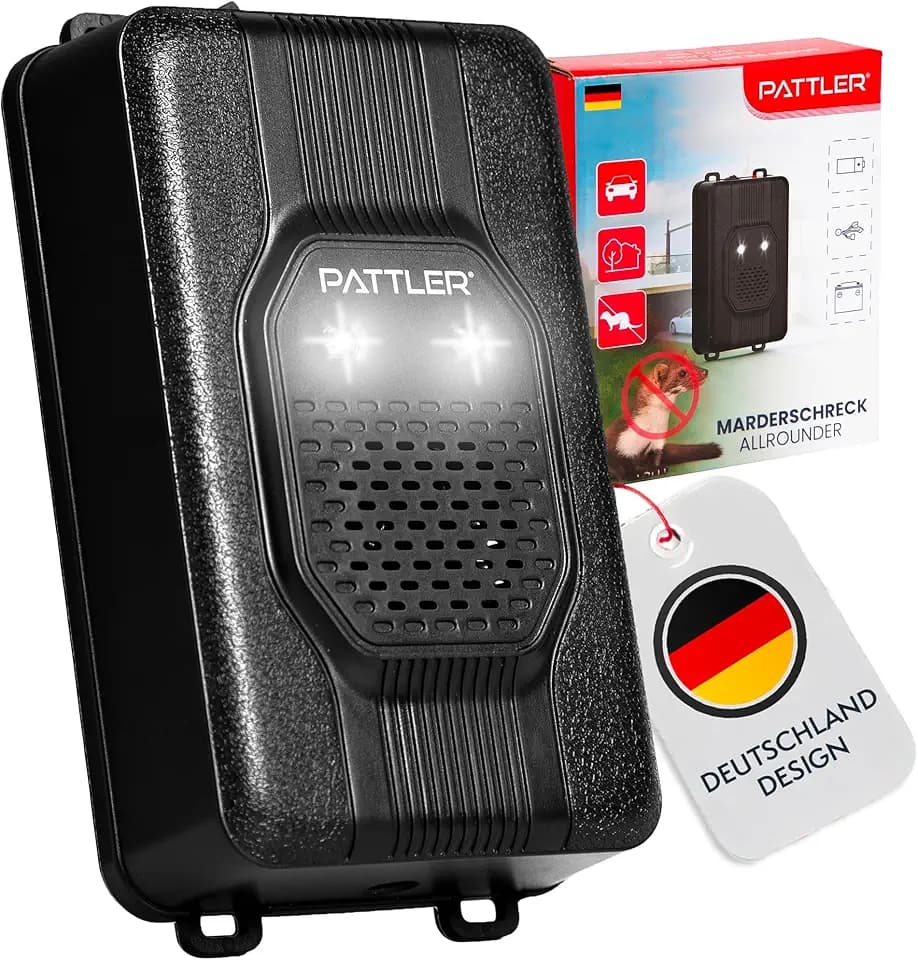 PATTLER® Marderschreck Auto mit Blitzlicht - Marderabwehr mit Flexible Stromversorgung - 12V Autobatterie, AA-Batterie oder USB - Effektiver Marderschutz für Auto, Garten, Dachboden - 1 Stück
