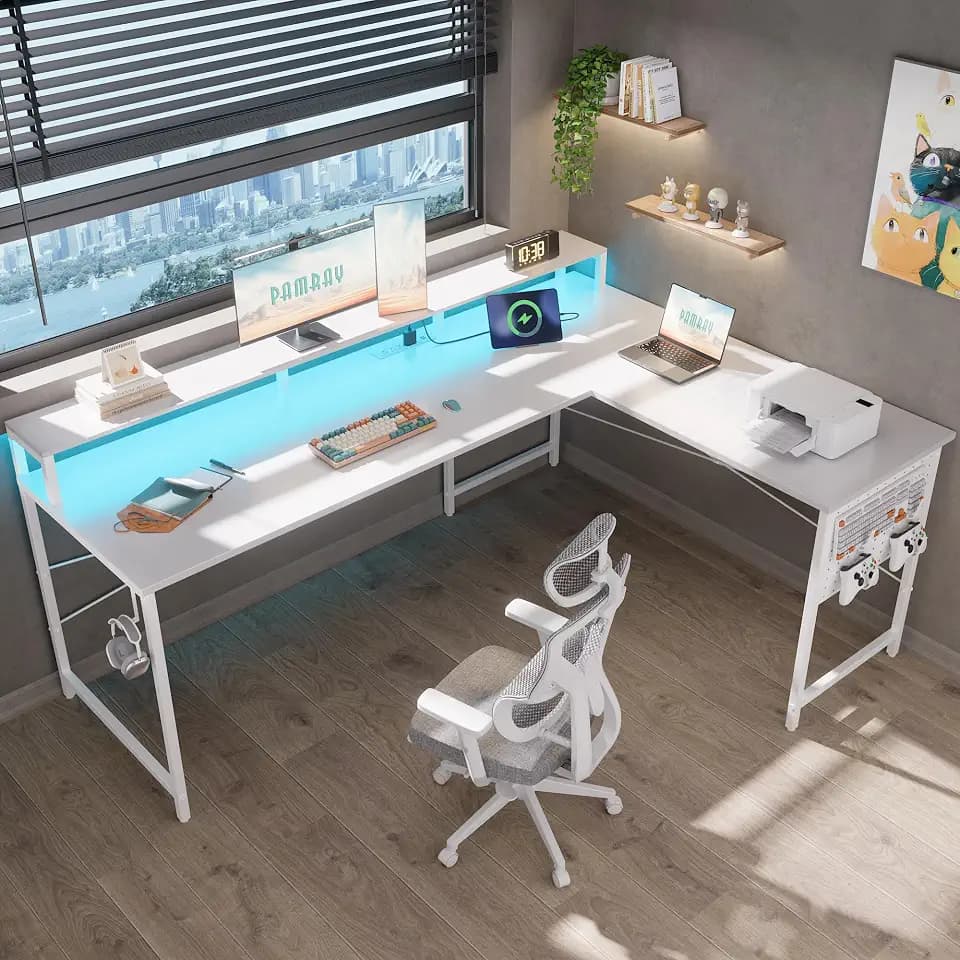Pamray 64 Inch L Shaped Gaming Desk with Monitor Stand and Power Outlets