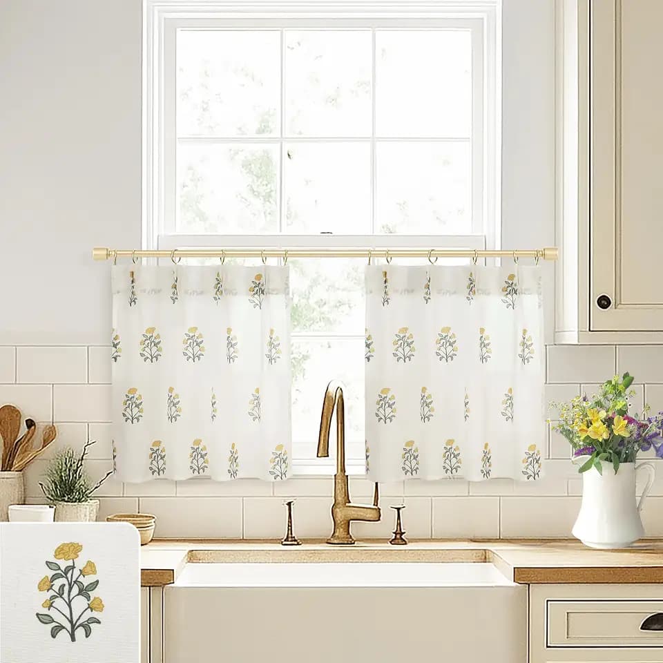 Lino Rosa Yellow and Green Kitchen Curtains, Cottage Core Wildflower Floral French Country Bright Colorful Sunflower Block Print Linen Sheer Mini Curtains for Bathroom Window, 18 Inch Length