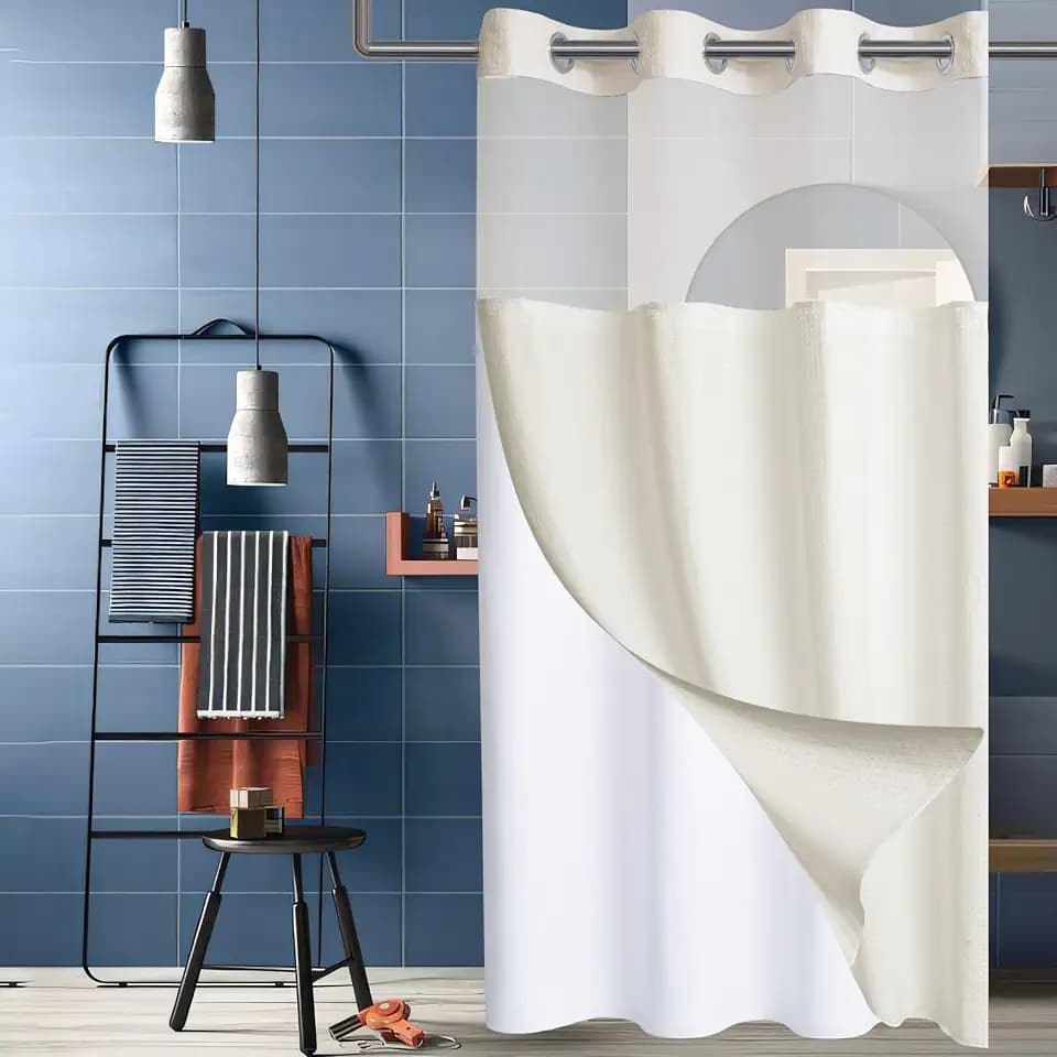 Conbo Mio Stall No Hook Waffle Weave Shower Curtain with Snap in Liner Set, Hotel Luxury Beige Shower Curtains for Bathroom with See Through Top Window, Waterproof, Washable 36W x 74H