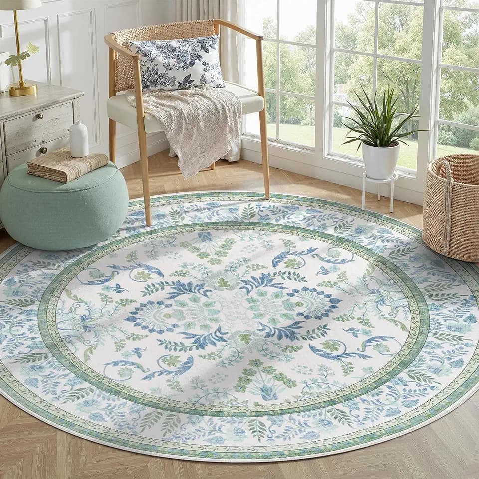 DCX Green and Blue Rug 5x5 Botanical Floral Washable Rugs