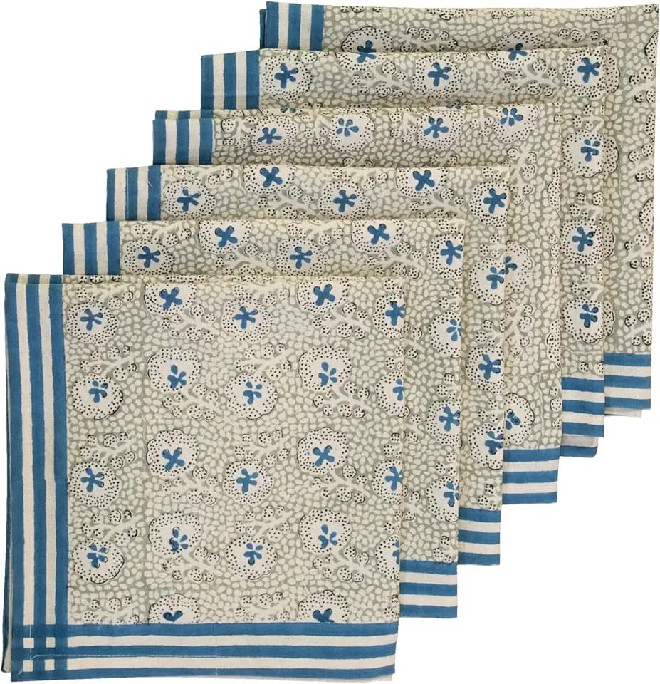 Handblock Print Cotton Cloth Napkins Set of 6, Washable, Napkins for Cocktail Parties, Home, Restaurant, Hotel, Event & Everyday Lunch, Dinner, 18" x 18" (Blue Stripe Border, 18" x 18" (Set of 6))