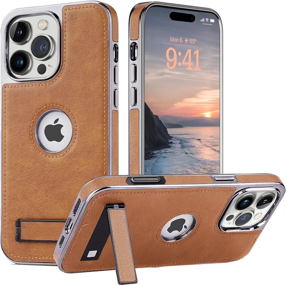 für iPhone 16 Pro Max Leder Hülle mit Ständer, 2 Verstellbare Standmodi, Luxuriöse Business-Galvanikkanten, Fallschutz in Militärqualität, Schlanke Rücken Cases für iPhone 16 Pro Max (Braun)