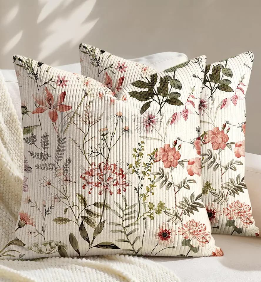 Corduroy Throw Pillow Covers 20x20 Inch - Set of 2 Decorative Summer Spring Pillow Covers with Zipper Farmhouse Decor Cottage Throw Pillowcases for Couch Sofa Living Room Home Bedroom, Floral