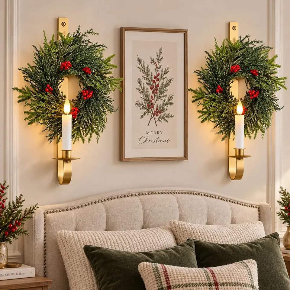 SiliFine 2 Set Christmas Wall Candle Sconce with Fake Norfolk Pine Wreath