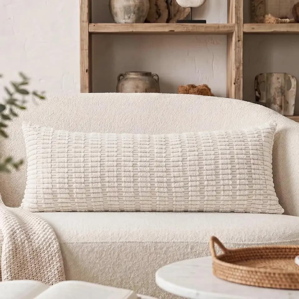 Fancy Homi Decorative Throw Pillow Covers for Bed Couch Bedroom Bench, Soft Corduroy Solid Pillow Case, Rustic Farmhouse Boho Room Decor,36" x 14" (Pack of 1),Cream