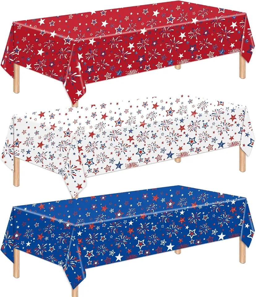 3 Pcs Patriotic Tablecloth - 4th of July Red White Blue Plastic Table Cloth, 54 x 108 Inch Disposable Rectangular Stars and Fireworks Table Cover for Independence Day, Memorial Day Party Decorations