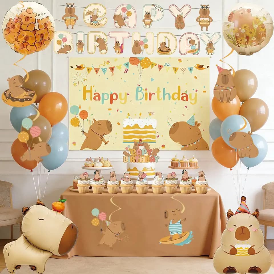 Capybara Birthday Party Decorations -Balloons Garland Kit, Capybara Backdrop, Capy Birthday Banner, Tablecloth, Foil Balloons, Capybara Cake and Cupcake Toppers