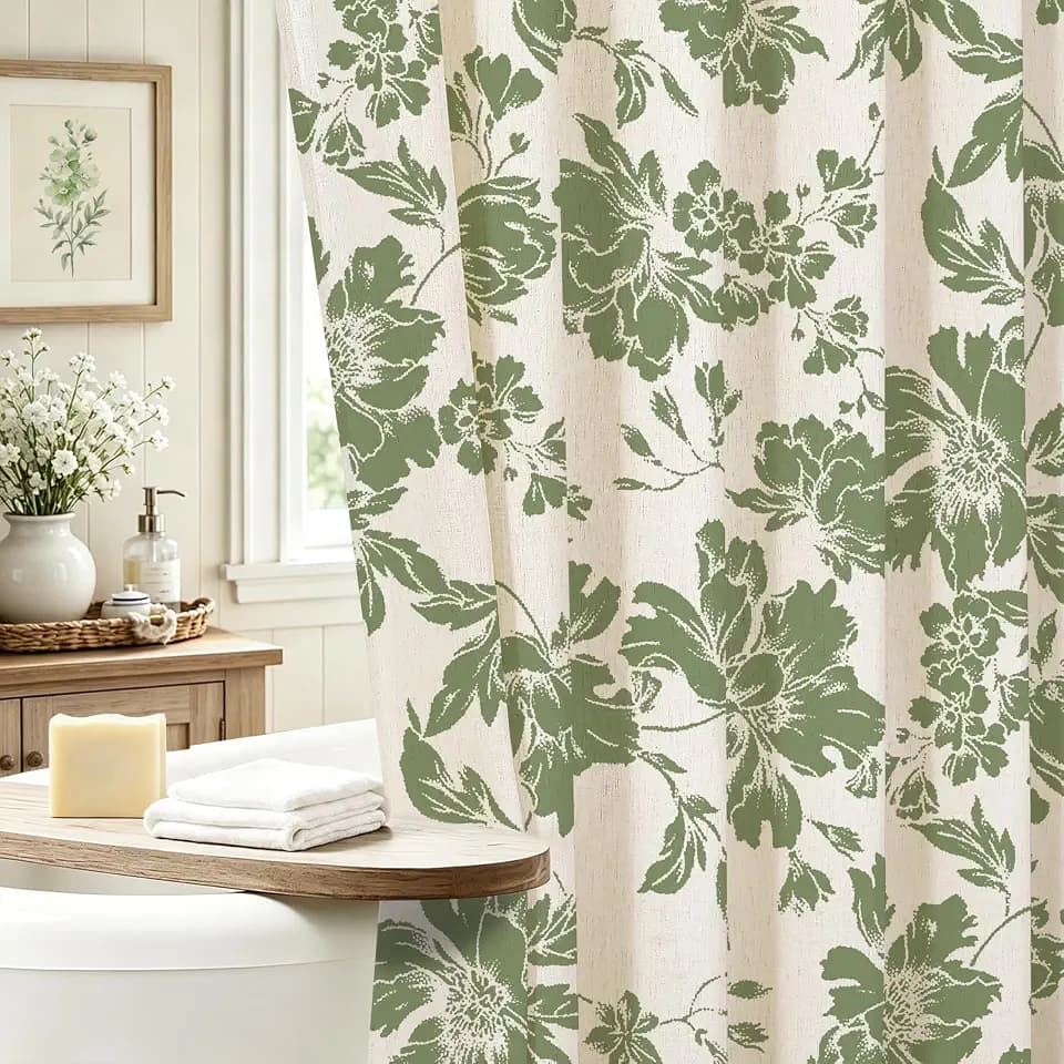 Green Farmhouse Boho Botanical Floral linen Shower Curtain, 72x72