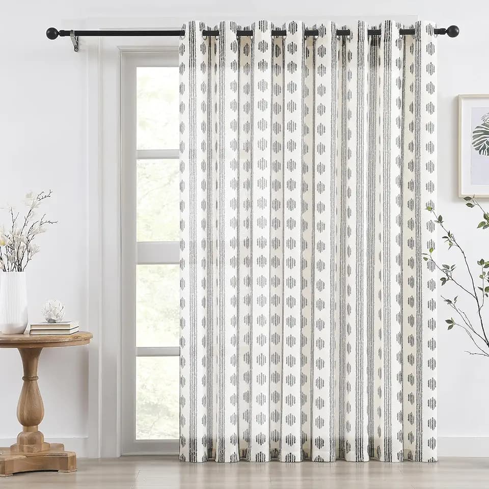 Melodieux Boho Striped Pattern Linen Textured Sheer Curtains for Bedroom, Living Room Light Filtering Grommet Window Curtain Drapes, 100 by 84 Inch, Black on Beige(1 Panel)