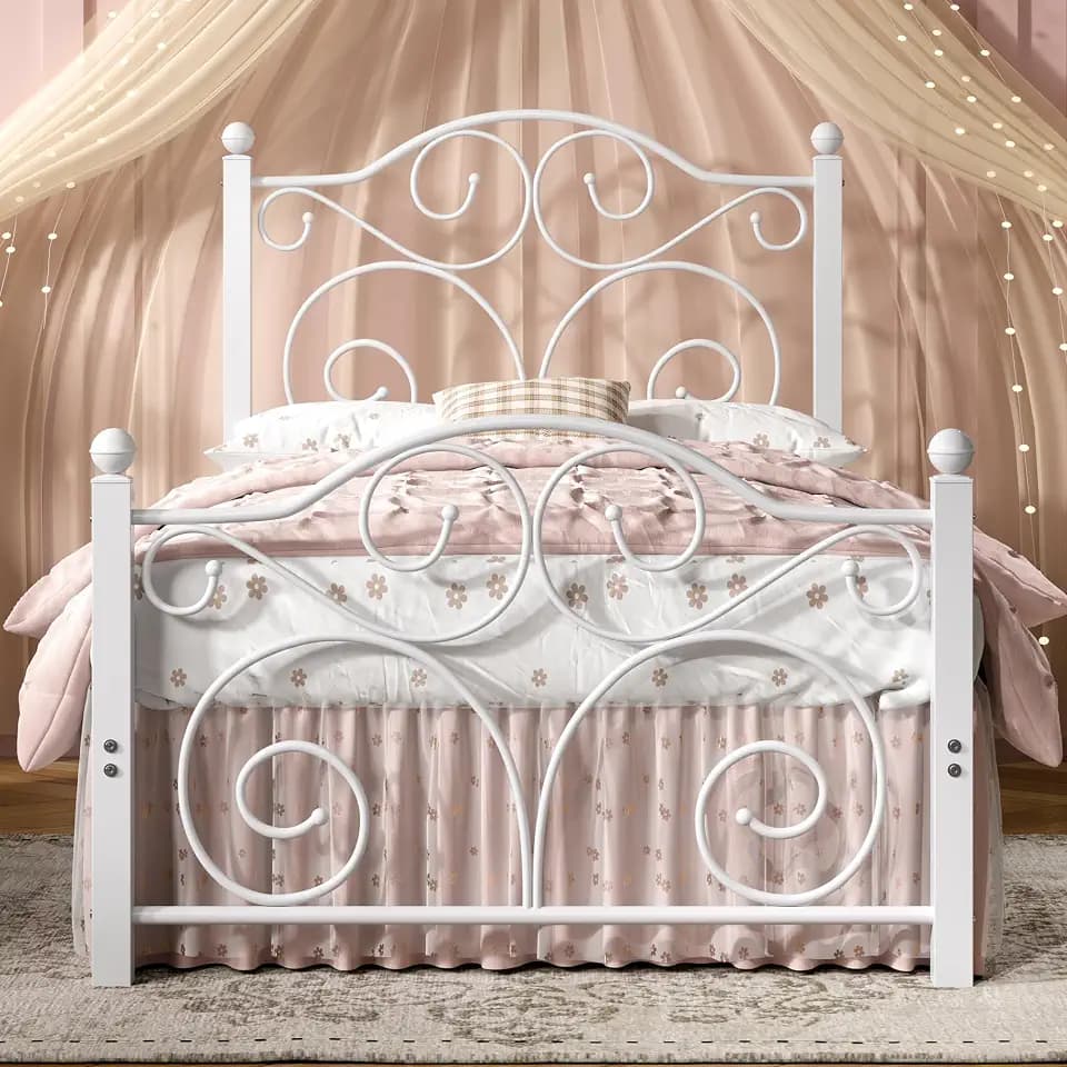 VECELO Twin Size Bed Frame with Headboard and Footboard, Heavy Duty Metal Slat Support, Platform Mattress Foundation, No Box Spring Needed, Easy Assembly, White