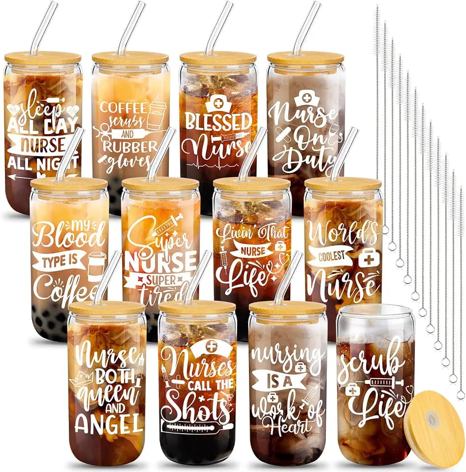Uiifan 12 Pcs Nurse Gifts for Women 16 oz Can Shaped Glass Cups with Lids and Straw Funny Nurses Week Appreciation Gifts Nurse's Day Gift for Christmas Graduation Birthday School Supplies(Blessed)