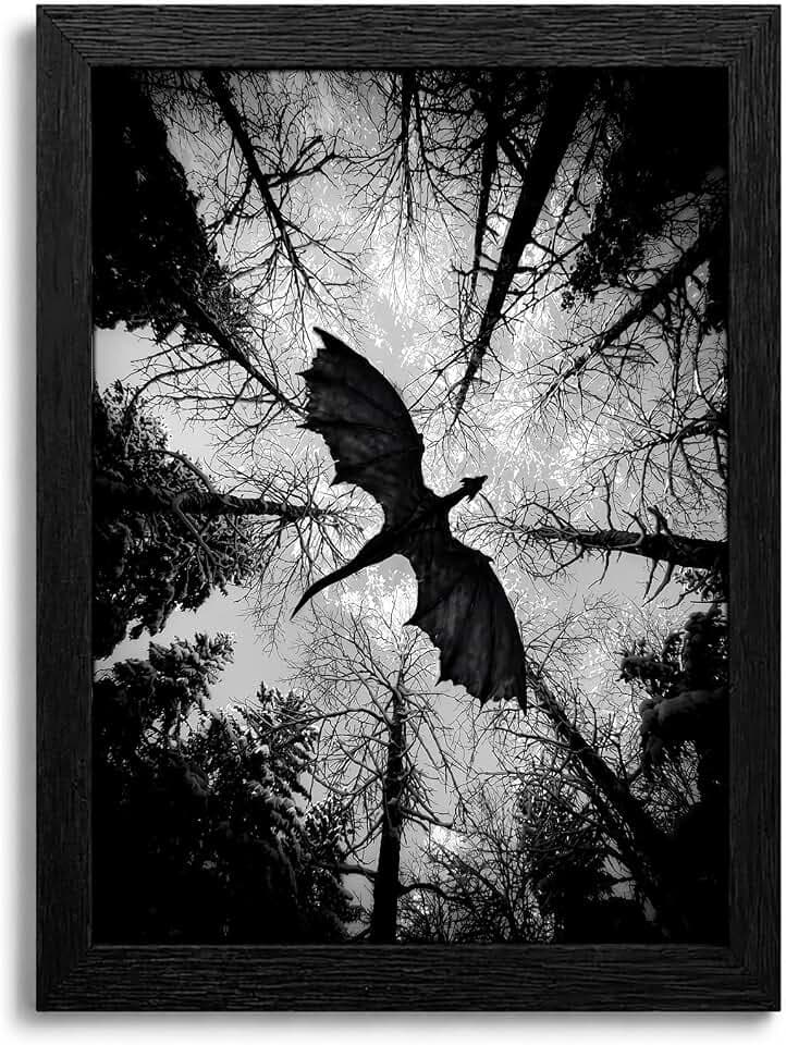 Framed Dragon Wall Art Gothic Dark Fantasy Dragon Flying Pictures Halloween and Moody Wall Decor for Bedroom Living Room Office Room Office Dining Room Home Decorations 16x24in