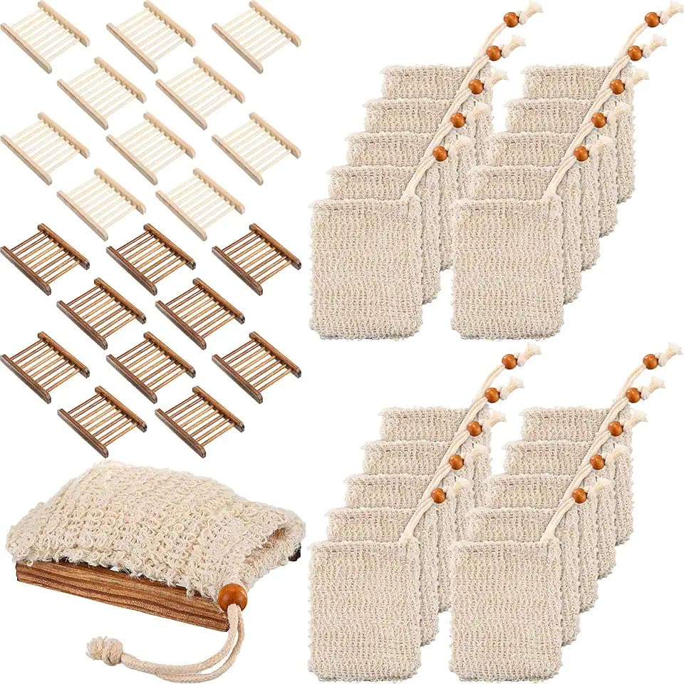 Soap Exfoliating Bag Holder Set Included Bathroom Wooden Soap Dish Pine Wood Soap Holder Tray Natural Bar Soap Pouch Mesh Bath Soap Saver Bag Container (Wood Color, Carbonized Color, 40 Pcs)