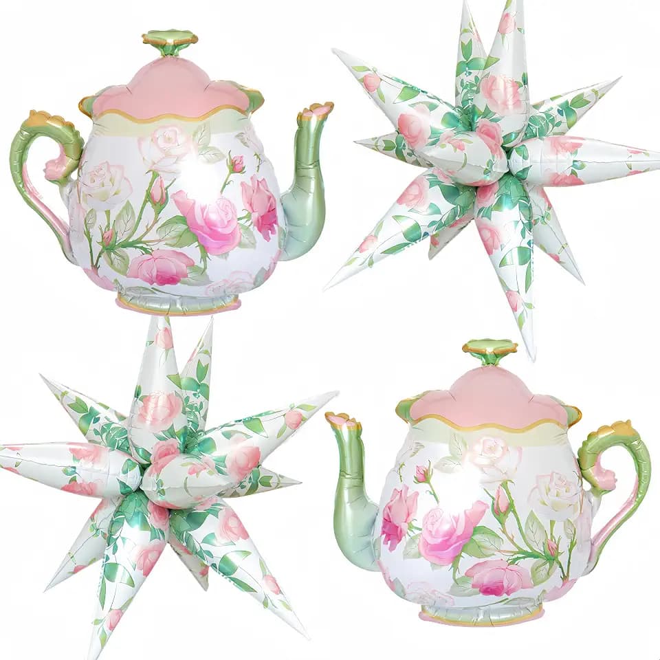 4Pcs Teapot Balloon Set/Ali*ce Party Teapot Mylar Balloons+Flower Exploding Star Foil Balloons/Tea Party Decorations, Alice Wonderland, Bridal Shower, Let's Par-Tea Girls Birthday, Spring Garden Party