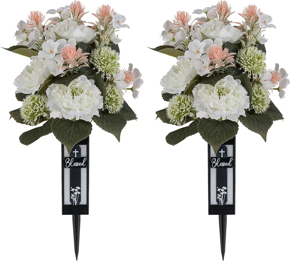 Artificial Flowers for Cemetery Grave: with Vases, White, 2 Pcs