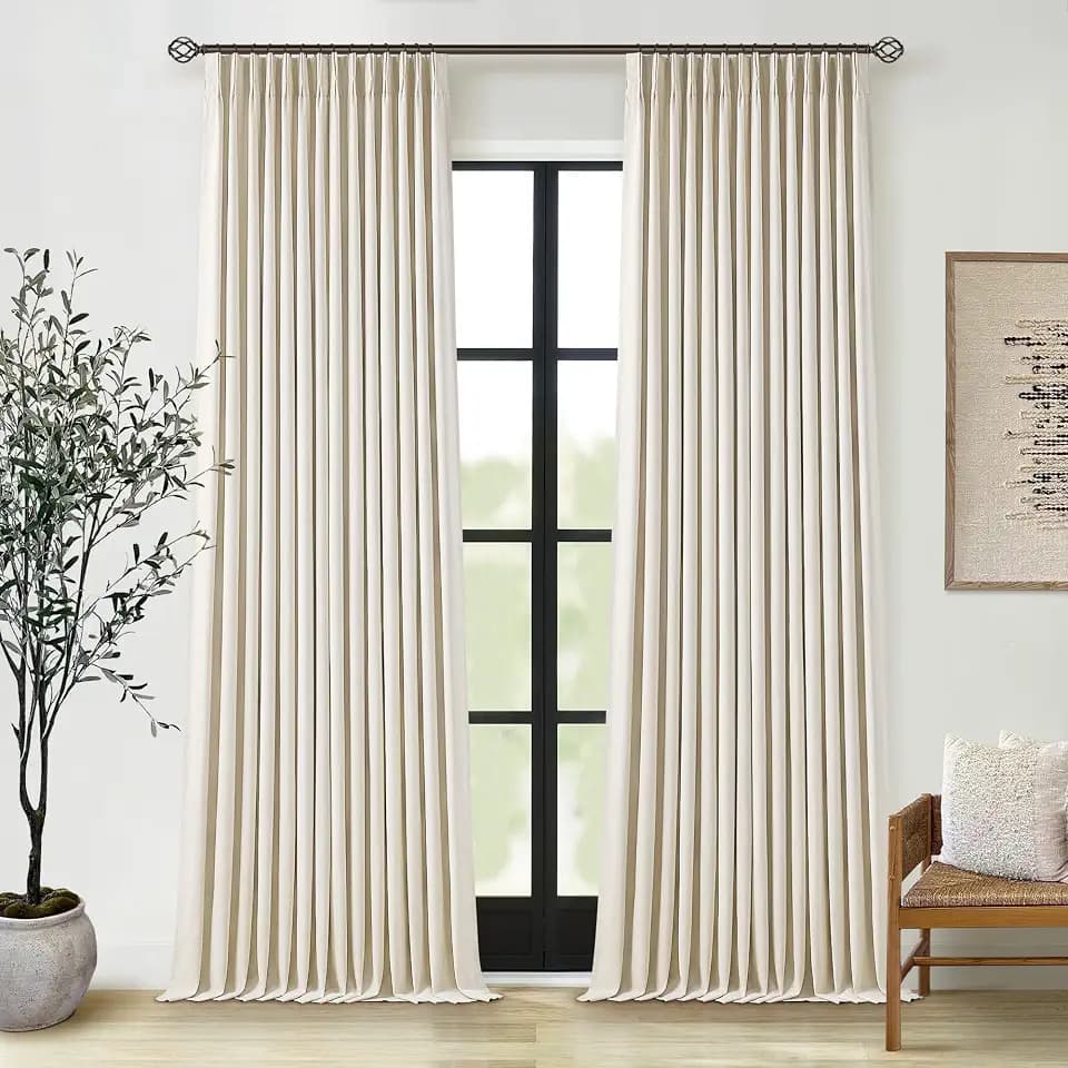 Pleated Cream Beige Linen Blackout Curtains for Bedroom 90 Inch Length