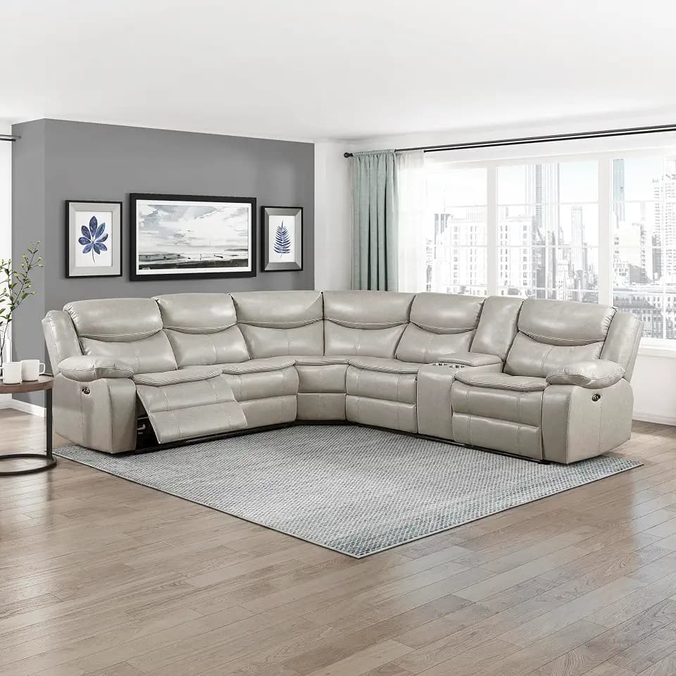 Lexicon L-Shaped Power Reclining Sectional Couch, Faux Leather Reclining Sectional Sofa, 3 Recliners, Wall Hugger, Right Storage Console, Cup Holders, Receptacles, Charging Ports, Silver Gray