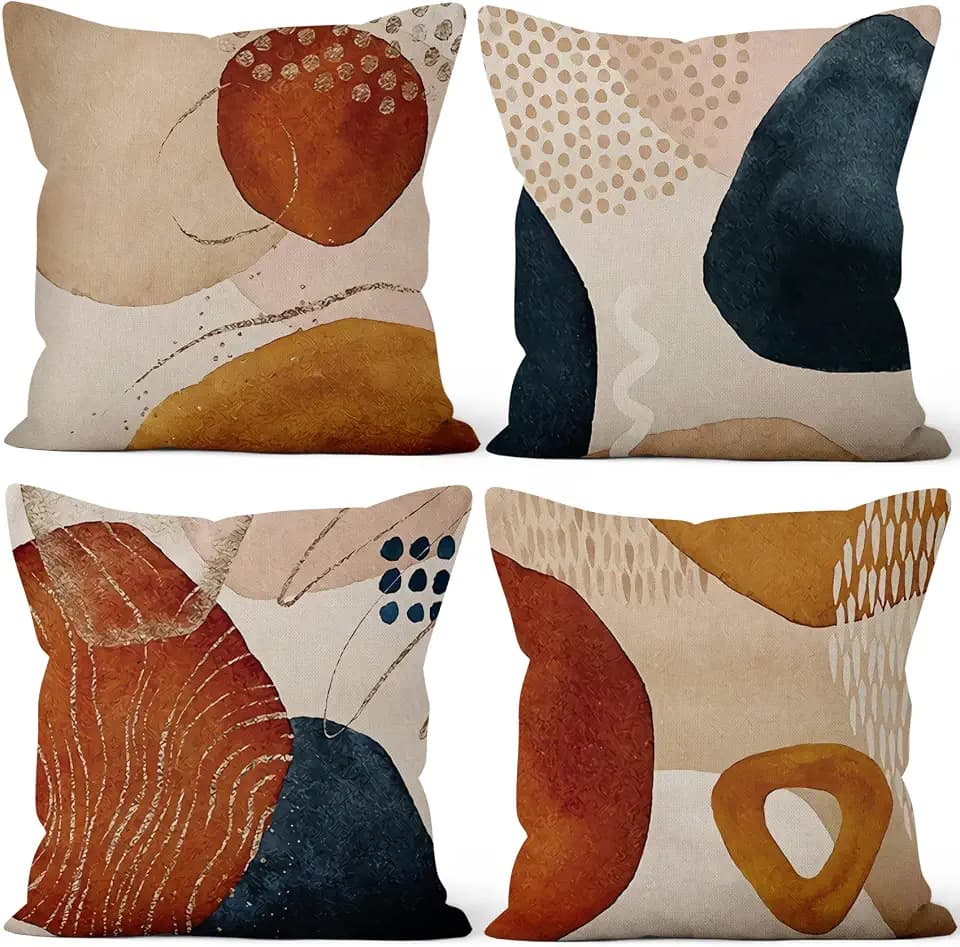 4 Pcs/Set Boho Abstract Pillow Covers Bohemian Orange Navy Blue Golden Line Geometric Modern Home Decor Linen Throw Pillow Covers for Outdoor Couch Sofa Farmhouse Bedroom Decor, 24"x24"