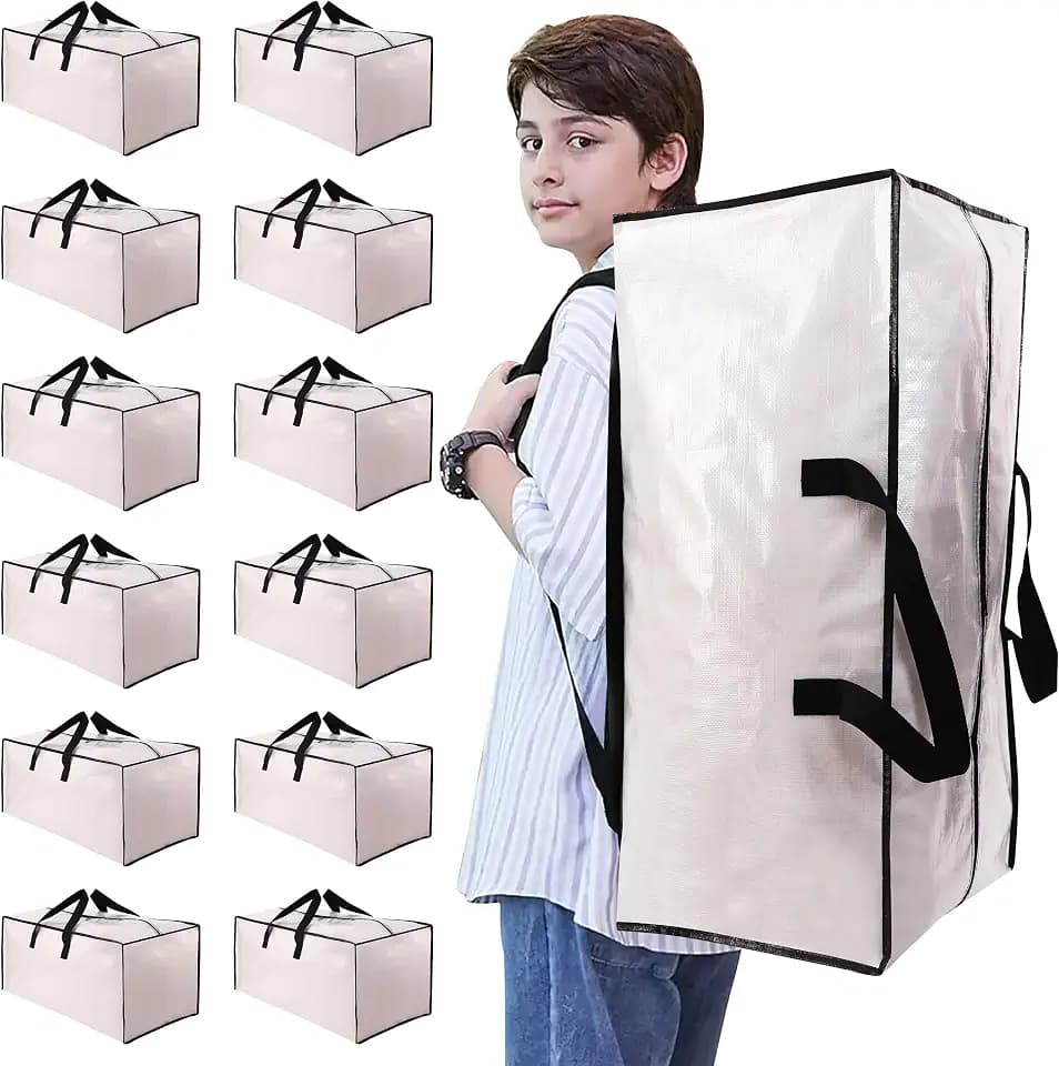 NATURELUX Heavy Duty Moving Bags with Backpack Straps and Strong Handles, Alternative to Moving Boxes and Storage Totes for Dorm Room Essentials, 12 Pack, Clear