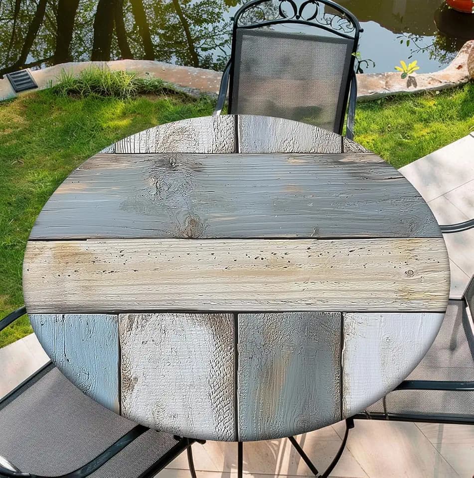 Waterproof Tablecloth with Elastic Tablecloth for Round Tables 36"-70" for Indoor Outdoor Patio Use, 52Inch, Weathered Wood