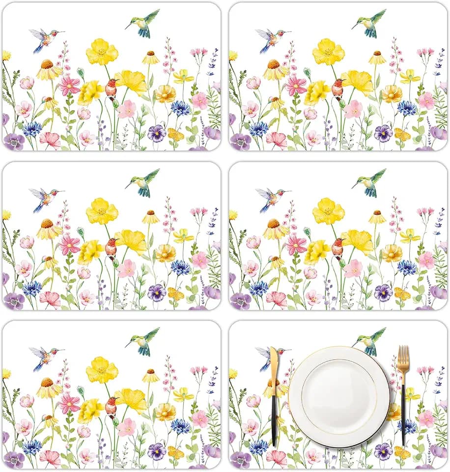6 Pcs Flower and Bird Placemats, 11x16 Inch Summer Watercolor Floral Plastic Placemats Flower Table Mats for Wedding Birthday Home Party Table Settings Supplies