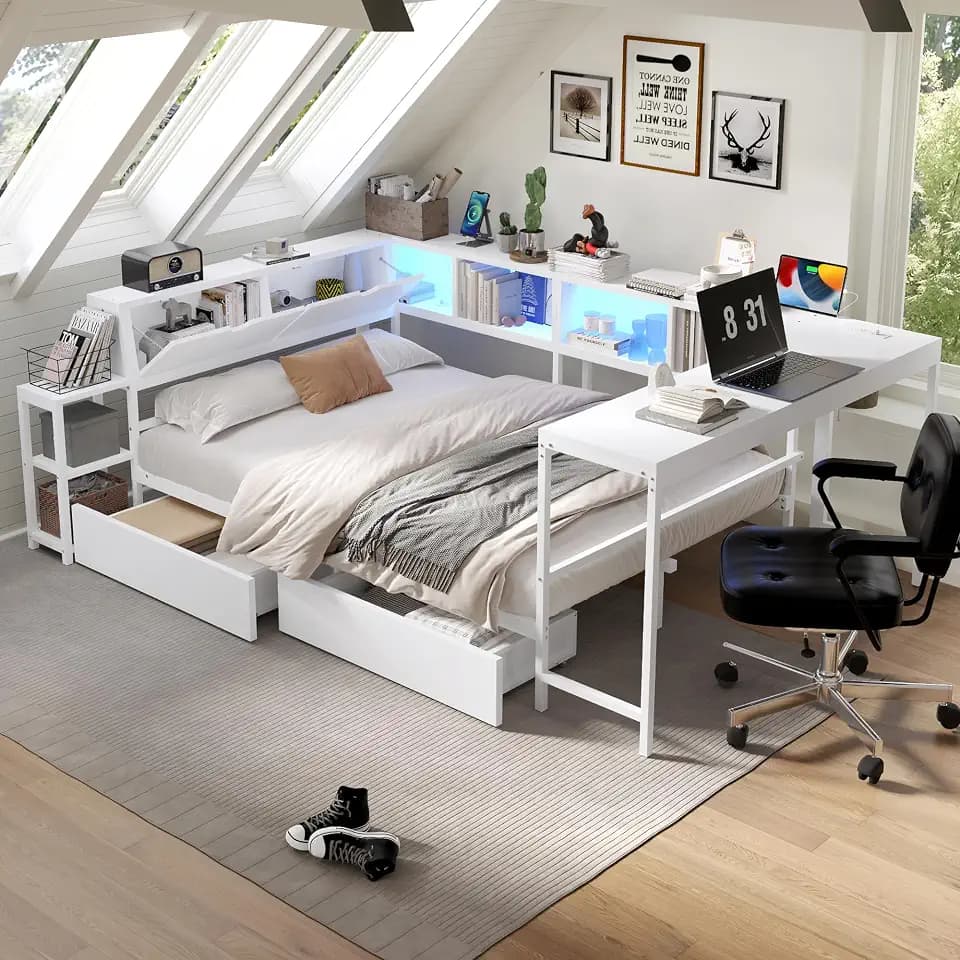 Bellemave Full Corner Bed Frame with Desk and Storage, Full Size Captains Bed with Charging Station and LED Light, Wood Daybeds with L-Shaped Bookcase and 2 Drawers, White