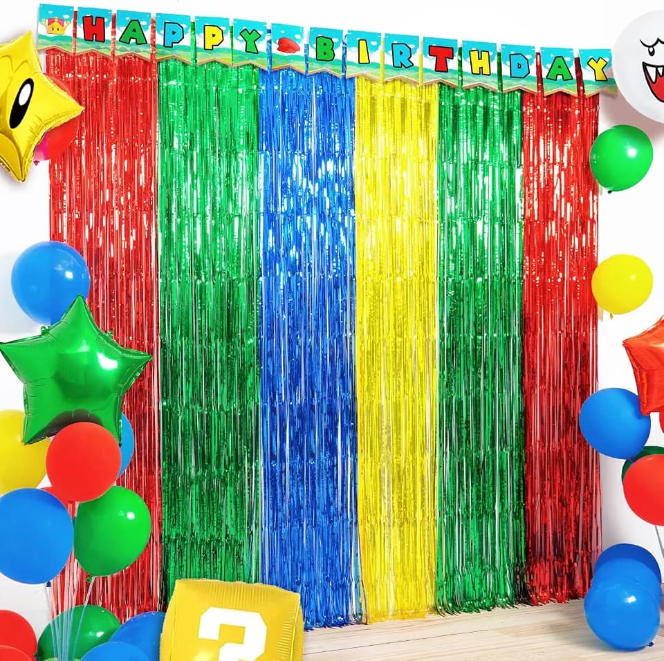 Super Bros Birthday Party Decoration, 4 Pack Red Green Blue Yellow 3.3 x 6.6ft Foil Fringe Curtains Tinsel Photo Booth Props Streamers Backdrop for Video Game Theme Birthday Party Supplies