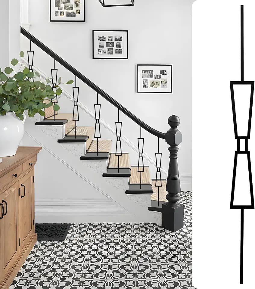 10 Pack Wrought Iron Balusters, 44" x1/2" Deck Balusters - Metal Stair Decorative Balusters Hollow - Stair Balusters Black (10 pcs Double Trapezoid)